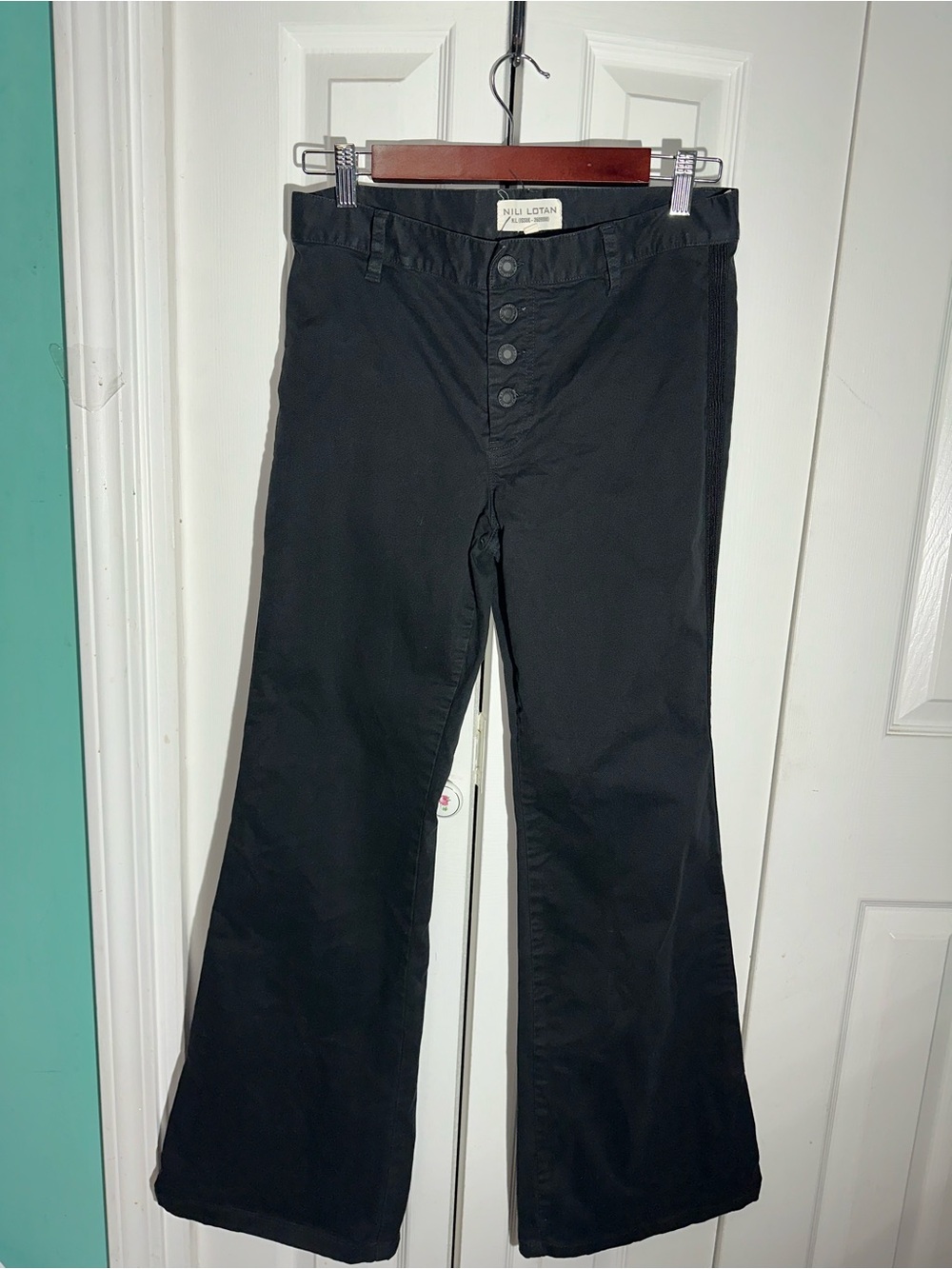 Nili Lotan Womens Flare Leg Button Fly Pants Sz 4 Black Mid Rise Trousers  AA24